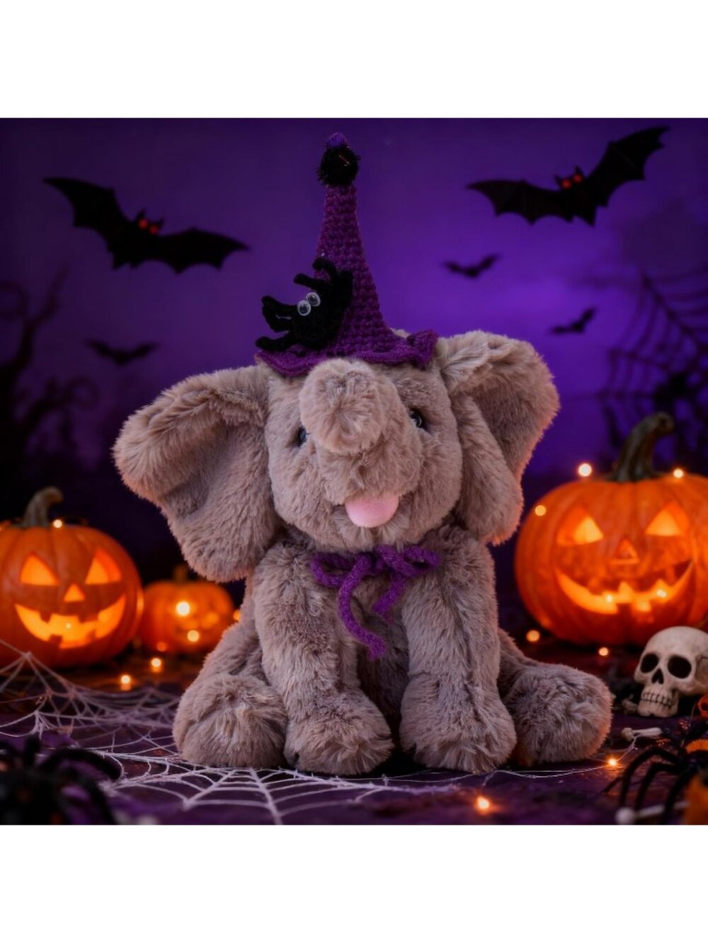 10" Halloween Gray Elephant Plush Witch Hat Soft Floppy Stuffed Animal - Picture 3 of 6